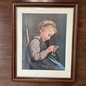 Vintage Albert Anker Girl Knitting Print Framed Wood Rectangular Wall Decoration